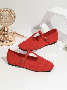 Women's Mesh Mary Jane Flat Shoes, Square Toe Hollow Breathable Buckle Strap Vintage Commute Loafers - Red - View 1