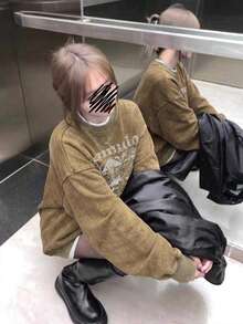 女款學生簡約經典復古美式純棉個性化水洗做舊 Y2K 配色字母印花寬鬆休閒日常長袖開學季衛衣 - 卡其色 - 查看 3