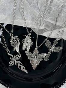 5pcs Dark Gothic Distressed Antique Silver Moth Cicada Flame Spiral Skull Cross Pendant Necklace Unisex Halloween Personalized Street Style Fashion - Silver - View 4