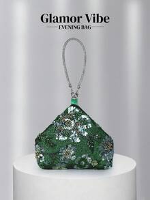 亮片晚宴手拿包，亮片刺繡工藝，3D花卉（隨機圖案），婚禮必備配件，情人節禮物，適用於婚禮、度假、畢業季、晚宴及其他正式場合，亦可作為日常穿搭的百搭配件 - 綠色 - 查看 9