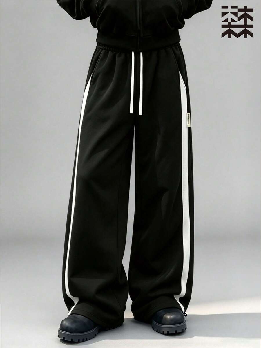 Mulinsen Men's Fleece Lined Wide Leg Sweatpants, Gradient Color Side Stripe Drawstring Elastic Waist Casual Long Pants - Black - View 1