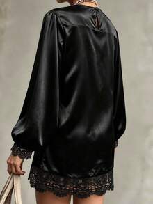 Women's Elegant Black Long Sleeve Shirt Dress, Black Lace Detail, Round Neck, Solid Color, Suitable For Casual Home Wear In Spring And Autumn - Black - View 4