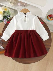 1 buah Gaun Bayi Perempuan Lucu Kerah Tegak Kecil Beludru Lengan Panjang Blok Warna Musim Gugur/Dingin - Burgundy - View 2