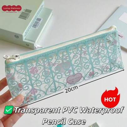 1pc Japanese & Korean Fashion Iron Window Art Pattern Transparent PVC Waterproof Large Capacity Vintage Heart Minimalist Pencil Case Stationery Storage Bag For Middle & High School Students, Back To School, Student Party, Stationery Lovers, Desk Organization, Classroom Use, School Supplies, Birthday Gift, Holiday Gift, Handmade Creative, Dust-Proof Storage, Campus Stationery, Home Organization, Planner Storage, High-Value Stationery, Student Gift, Creative Goodies