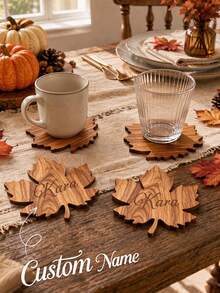 Customized Thanksgiving Maple Wood Coaster Set, Autumn Tabletop Decor, Natural Wooden Coffee Cup Coasters, Rustic Farmhouse Style Kitchen And Dining Table Decoration, Holiday Home Decor Accessories - Multicolor - View 4