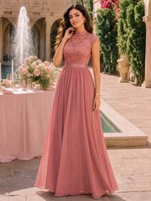 MIUSOL Elegant Floral Lace Mock Neck Cap Sleeve Pleated Hem Prom Party Maxi Dress,Formal Evening Gown,For Wedding Guest,Graduation,Dinner - Dusty Pink - View 2