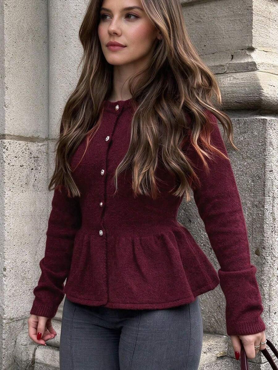 Just Masa Women's Autumn Casual Cardigan With Ruffle Hem, Solid Color Long Sleeve Round Neck Ribbed Knit Top, Suitable For Daily Wear, Outings, Dates, Christmas - Dark Red - View 1
