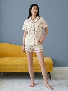 Joivida 3pcs/Set Bubble Textured Cherry Print Sleepwear Set For Women - Short Sleeve Button Collar Top And Shorts And Pants, Cozy - Beige - View 3
