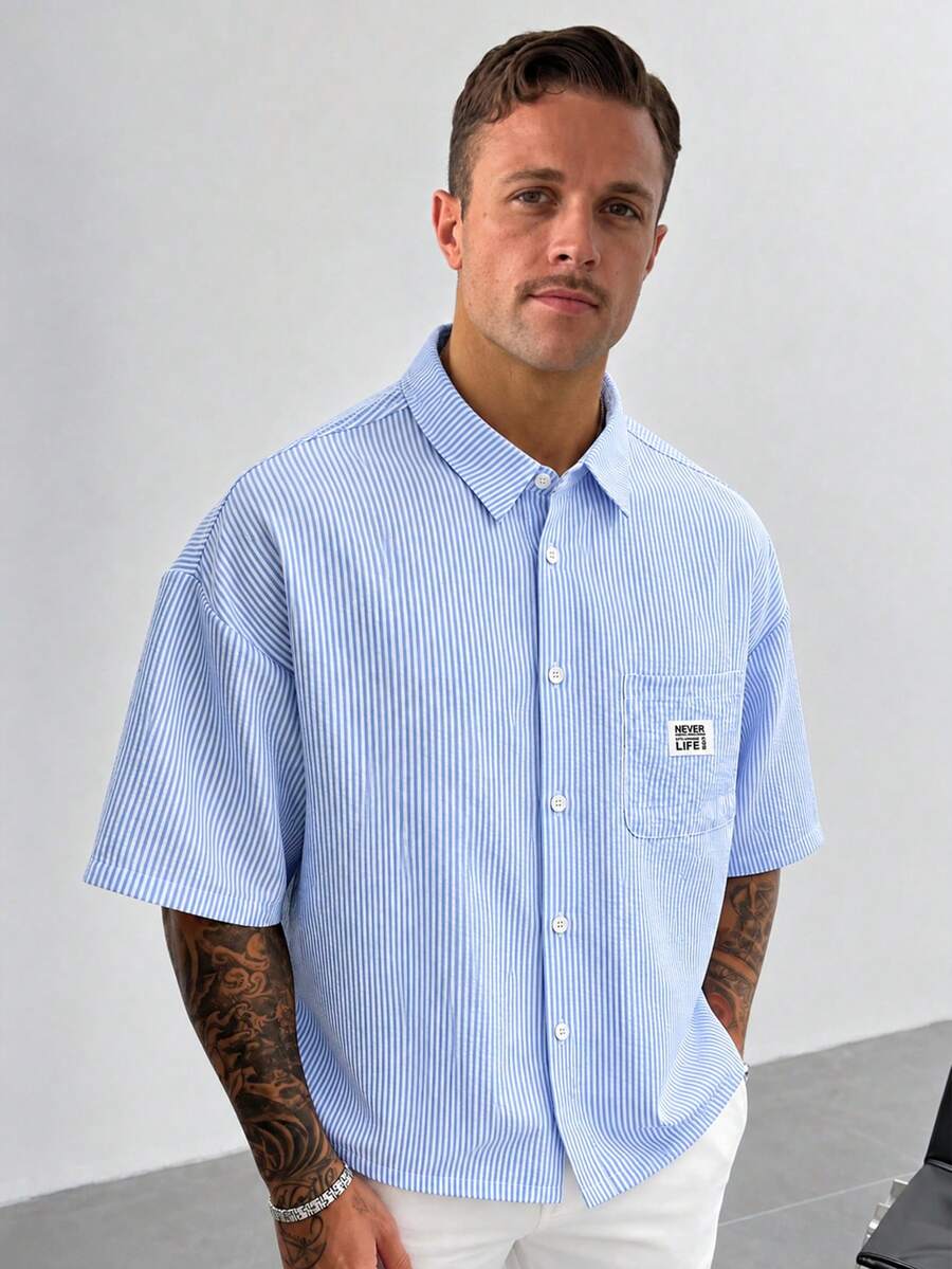 Kemeja Lengan Pendek Longgar Kancing Logo Patchwork Bergaris Biru & Putih Gaya Klasik GloMan untuk Pria, Cocok untuk Acara Keluarga Musim Gugur, Perjalanan Kantor, Golf, Hadiah untuk Suami/Ayah - Blue and White - View 1