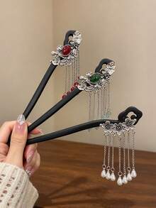 1pc Luxury Vintage Gemstone Tassel Hair Stick With Embossed Floral Leaf Metal Chain Pendant, Women's Updo Hair Pin For Wedding And Party Accessory - Multicolor - View 2
