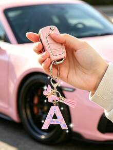 Women's Fashion Initial Keychain With Cute Butterfly Tassel Sequin Resin Letter Key Ring Pendant, Backpack Wallet Handbag Car Key Chain Charm, Valentine's Day Gift For Girlfriend - Pink - View 3