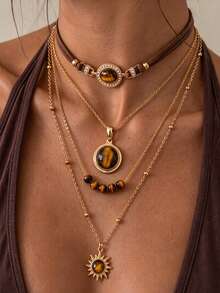 1 Set Multi-Layer Stackable Maillard Style Tiger Eye Stone Sun Pendant Necklace Set, Suitable For Women's Daily And Party Wear - Brown - View 3