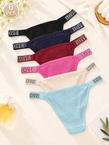6pcs Women's Panty Set Ribbed Thong Letter Print Rhinestone Low Waist Sexy G-String High Elasticity Underwear - Multicolor - View 5