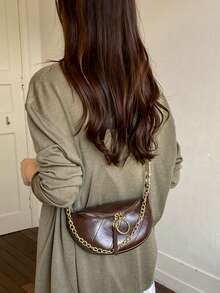 Fashion Solid Color PU Shoulder Bag, Crossbody Bag, Metal Chain Decoration, Suitable For Women Shopping, Dating, Gifts And Daily Use - Coffee - View 5