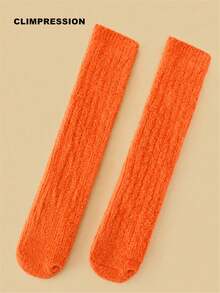 CLIMPRESSION Christmas Mid-Calf Socks, Plush Coral Fleece Warm Slippers Socks With Pom Poms, Holiday Role Play Indoor Floor Socks - Orange - View 8