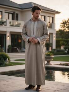 2026 New Middle East Arabic Men's Hooded Long Sleeve Robe, Embroidered Zipper Ramadan Ramadan Eid Loose Long Style Clothing, Hooded Embroidered Long Sleeve Arabic Robe, Men's Ramadan Long Robe, Saudi Dubai Style Men's Robe, Spring/Autumn/Summer Long Sleeve Prayer Robe Ramadan Festival Outfit - Khaki - View 5