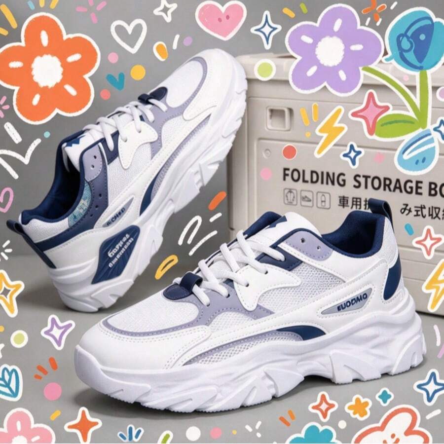 Men's Thick Sole Chunky Sneakers, Breathable Mesh Upper, Non-Slip EVA Sole, Lightweight Shoes Suitable For Commuting And Outdoor Leisure - White and Blue - View 1
