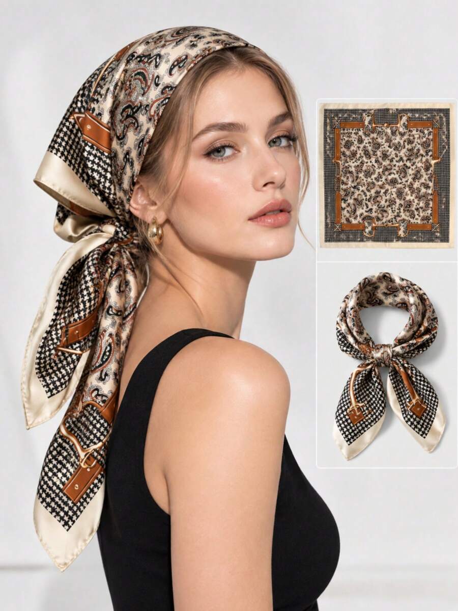 1pc Square Satin Paisley Pattern Headscarf, Women's Handbag Accessory - Multicolor - View 1