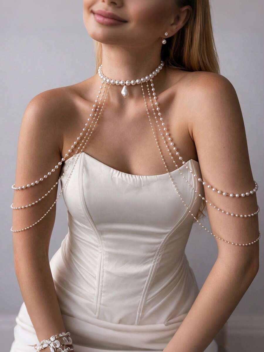 1pc Tassel Shoulder Chain, Personalized High-End Multi-Layer Pearl Body Chain, Party Accessory - Multi-story - View 1