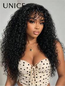 UNice Fluffy Curly Wig With Pre-Cut Bangs, Glue-Free 2*4 Lace, Natural Black, 100% Human Hair, With Drawstring, Pre-Cut Pre-Plucked, Bleached Roots, Ready-To-Wear, Suitable For Beginner Women, 150% Density - Natural Black - View 3