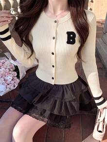 秋冬新款韓式甜美休閒女款針織開襟外套，溫柔風字母刺繡圓領前開修身羅紋長袖夾克/毛衣，百搭日常通勤 - 杏色 - 查看 2