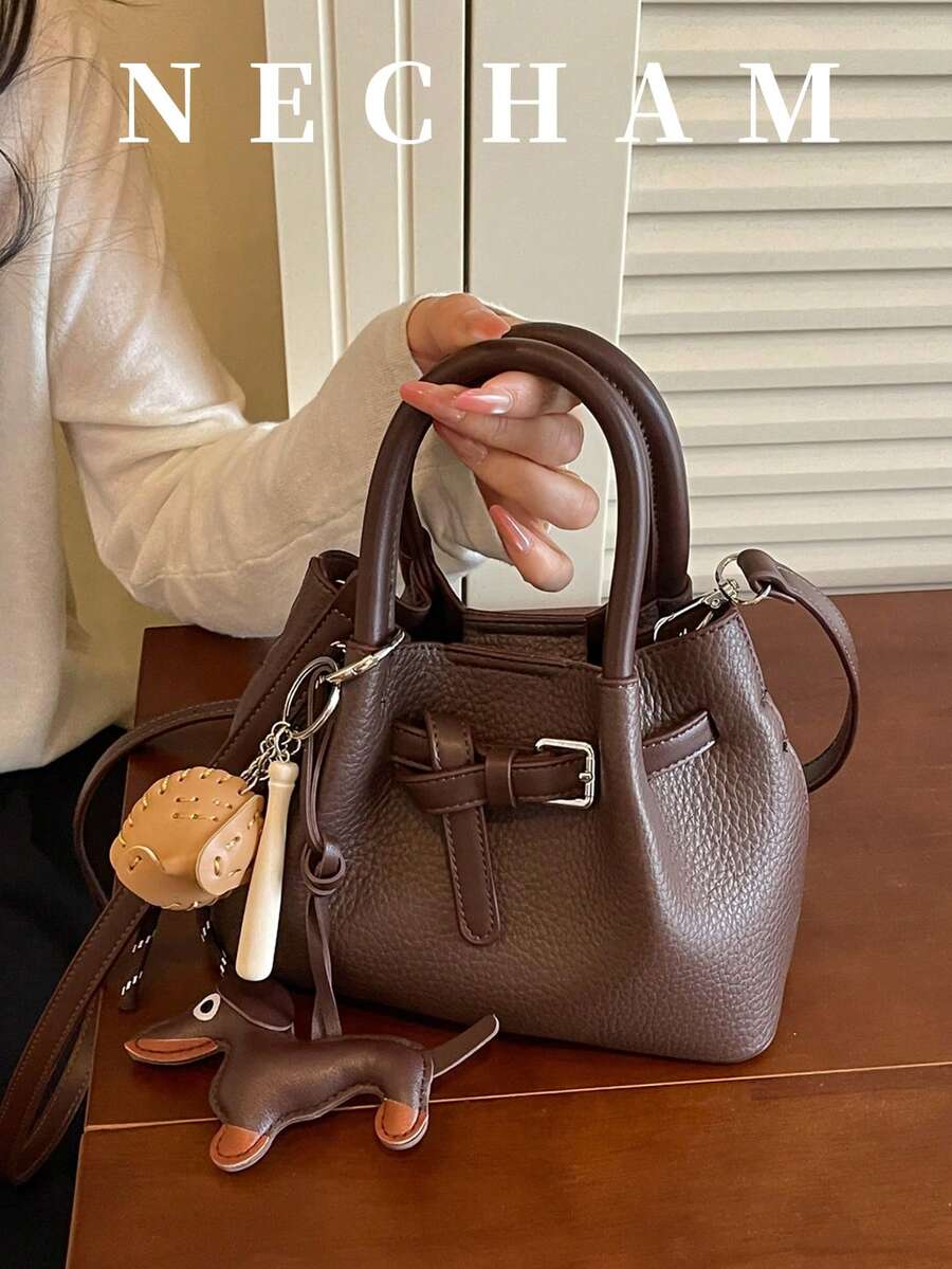 1件小眾設計帶扣手提包,拼色女款斜挎包,布料與PU材質,適合上班、購物、約會、旅行(不含吊飾) - 咖啡 - 查看 1