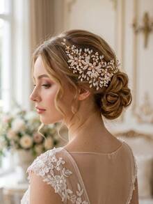 1pc Faux Pearl Rhinestone Flower Bridal Hair Comb, Elegant Crystal Leaf Wedding Hair Piece Accessories For Bride Bridesmaid Prom - Gold - View 2