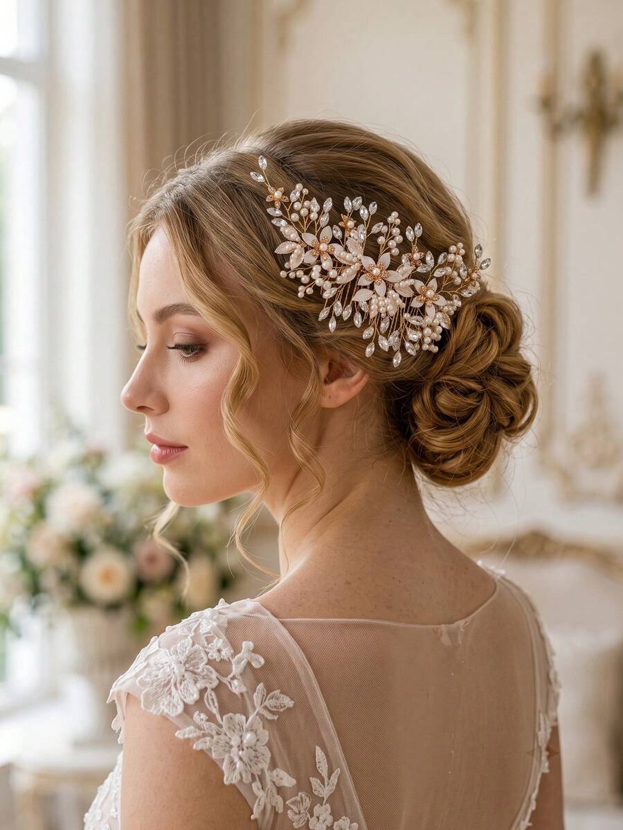 1pc Faux Pearl Rhinestone Flower Bridal Hair Comb, Elegant Crystal Leaf Wedding Hair Piece Accessories For Bride Bridesmaid Prom