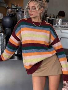 Just Masa Women's Fall Casual Multi-Striped Colorblock Sweater Tops,Loose Long Sleeve Round Neck Rib-Knit Pullover,For Daily Wear,Going Out,Christmas - Colorful Stripes - View 8
