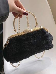 Dedoo 女款晚宴接吻鎖扣手提包，3D玫瑰花卉圖案，水鑽扣環與亮片金屬手柄，浪漫優雅，婚禮派對舞會手拿包 - 黑色 - 查看 7