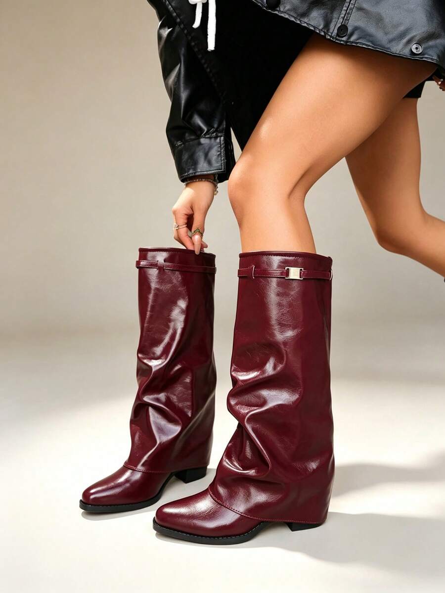 Women's Burgundy Ruched High Shaft Boots Vintage Metal Buckle Pointed Toe Chunky Heel Western Style Slimming Tall Boots - Burgundy - View 1