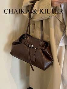 CHAIKA & KILTER 拼色大容量手提包，時尚裝飾肩帶單肩包，磁吸開合，適合日常出行、約會、通勤，女款時尚包 - 咖啡 - 查看 7