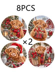 1/4/8pcs Christmas Highland Cow Coasters Set , Wooden Drink Coasters With Cute Cow Santa Design, Rustic Christmas Table Decor, Coffee Cup Mat For Home Kitchen Office, Holiday Party Decoration Gift For Family Friends - Multicolor - View 12