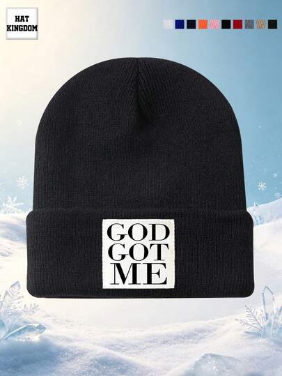 MAKEFGE 1pc Unisex GOD GOT ME Letter Print Patchwork Personalized Outdoor Casual Fashion Autumn/Winter Warm Soft Comfortable Breathable Windproof Knit Beanie Hat Suitable For Daily Wear