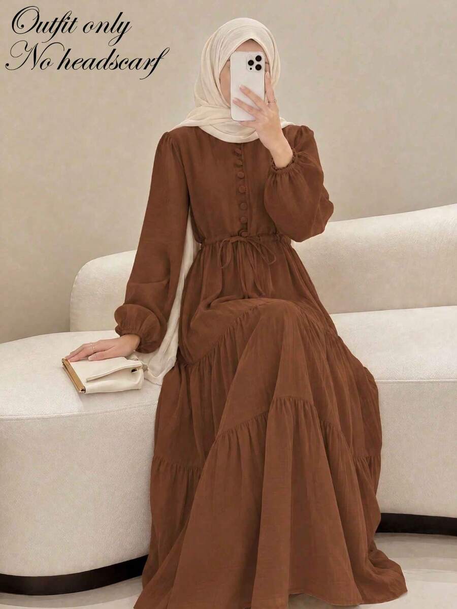 Women's Elegant Solid Color Button Waist Belt Tie Knot Long Sleeve Lantern Sleeve Patchwork Hem Dress Brown Fall - Brown - View 1