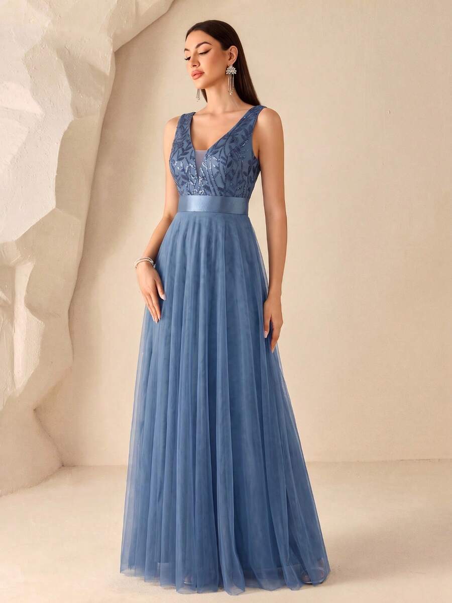 XUCTHHC Elegant Sequin Embroidery & Mesh V-Neck Sleeveless A-Line Evening Gown, Suitable For Prom, Party, Wedding Guest, Holiday, Autumn/Winter