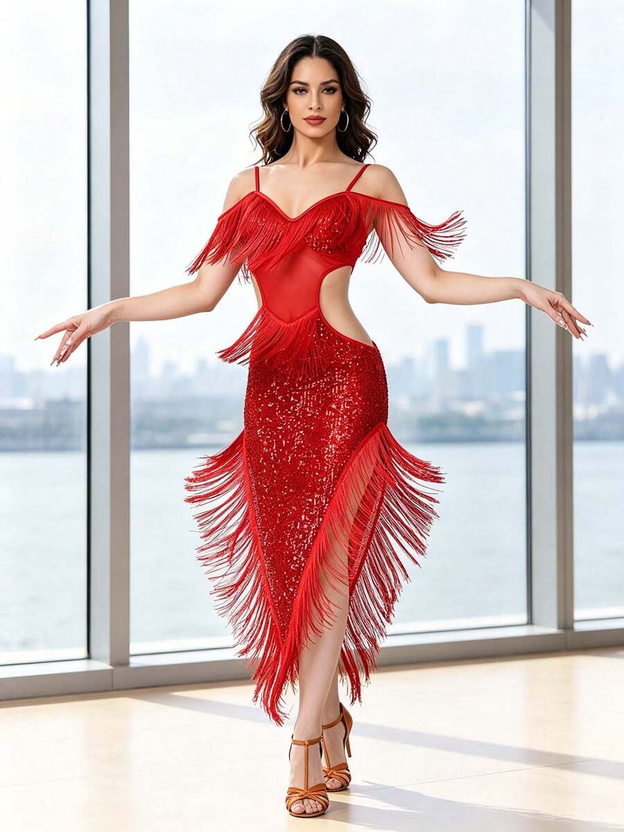 Off Shoulder Fringe Sequin Crop Top Spaghetti Strap, High Waist Asymmetric Long Fringe Sequin Skirt For Women, 1920s Gatsby Flapper Party Wear, Multi-Color Available - Multicolor - View 1