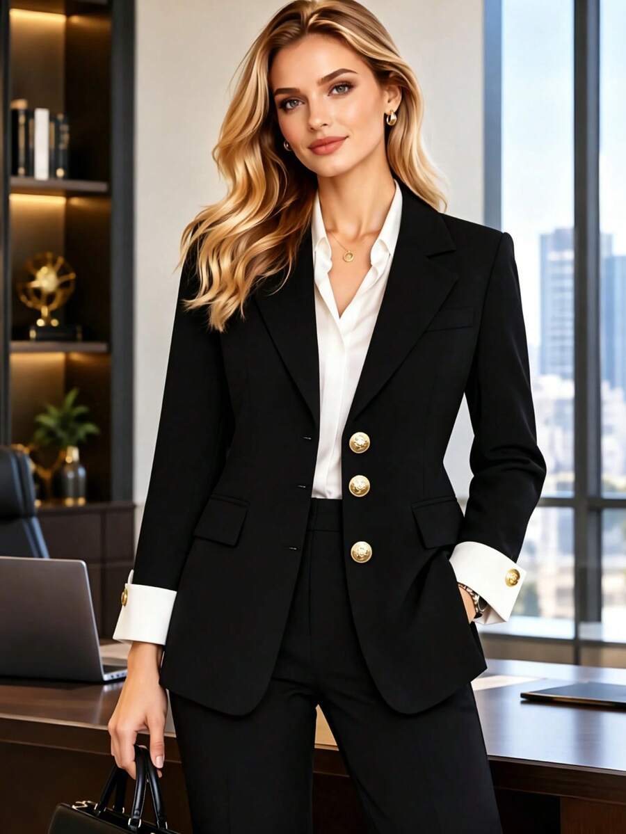 HOMEYEE Vintage Casual Blazer Jacket With Lapel Collar, Long Sleeve, Color Block, Button Closure Fall Black - Black - View 1