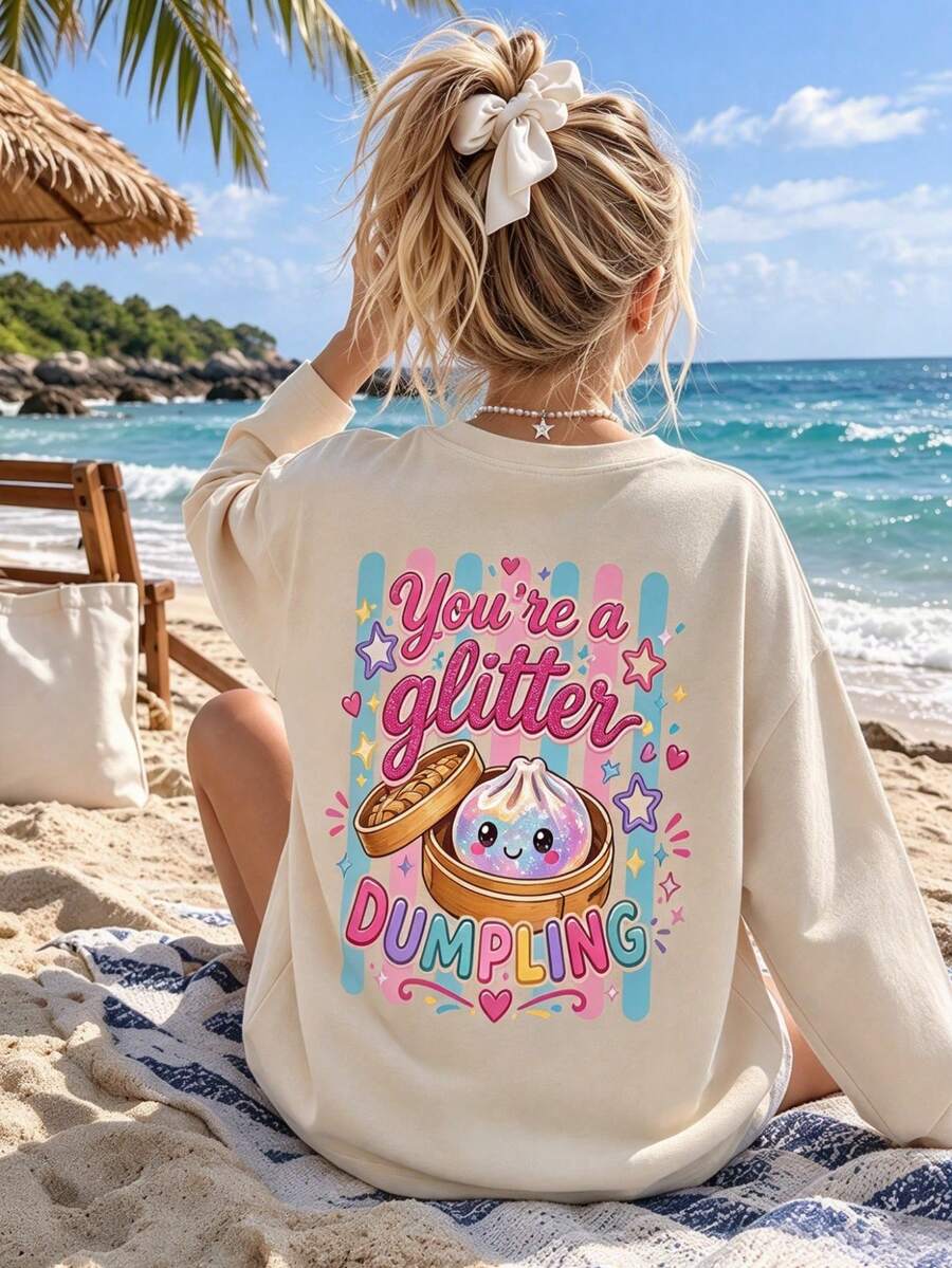 Teen Girls Long Sleeve T-Shirt, You're A Glitter Dumpling Bamboo Steamer Back Print, Casual Everyday Top For Autumn/Winter - Apricot - View 1