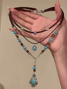 Vintage Multi-Layer Turquoise Necklace For Women, Pendant Necklace, Bohemian Versatile Accessory - Multicolor - View 1