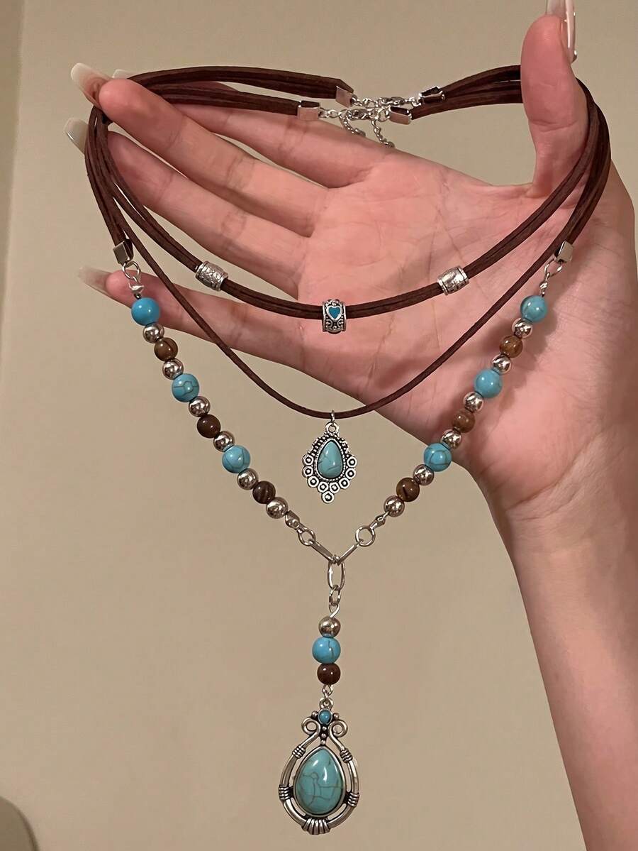 Vintage Multi-Layer Turquoise Necklace For Women, Pendant Necklace, Bohemian Versatile Accessory - Multicolor - View 1