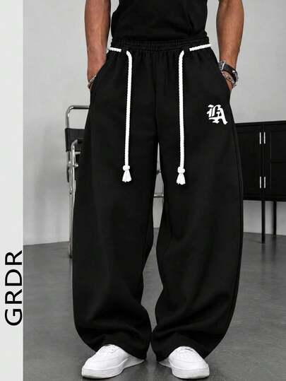 GRDR Men's Letter Pattern Casual Daily Wear Wide Leg Long Pants