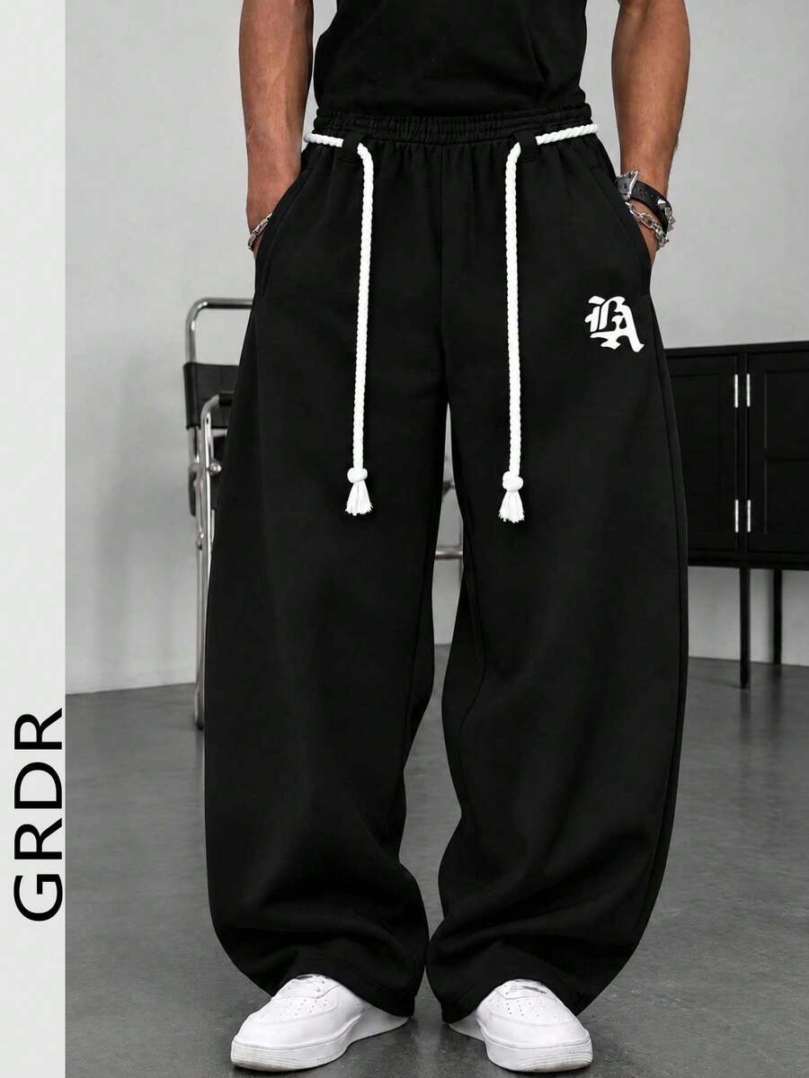 GRDR Men's Letter Pattern Casual Daily Wear Wide Leg Long Pants - Black - View 1