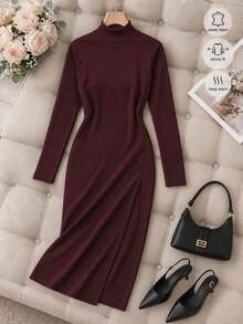 Women's Elegant Solid Color Long Sleeve Front Slit Dress For Evening Party And Vacation - Burgundy - View 5