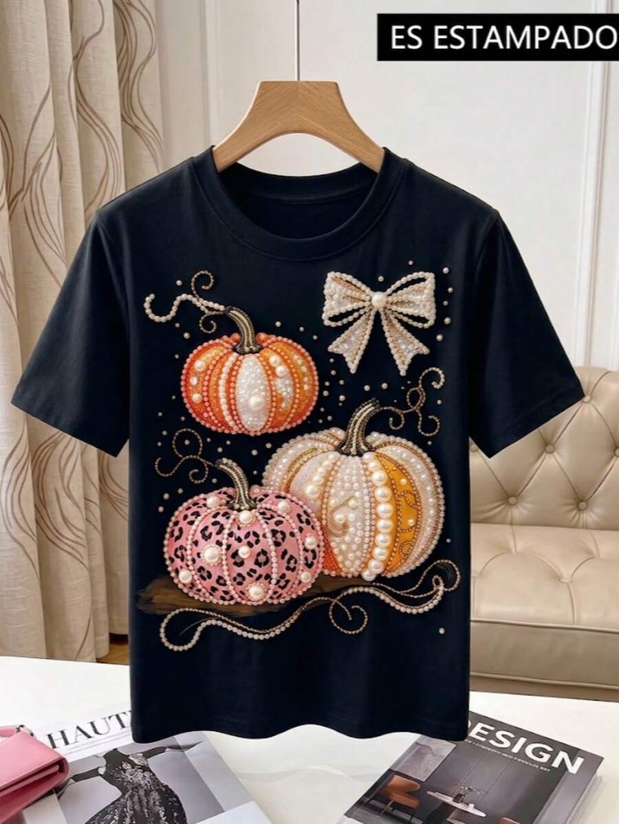 Blusa Camiseta de Mujer Playera Gráfica Dama Básica Casual Manga Corta Cuello Redondo Estampado Gráfico Halloween Día de Muertos Noche de Brujas Calabaza Imitación Brillos Perlas Bordado - Negro - Ver 1