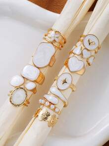 12pcs Fashion Minimalist Elegant Flower & Heart Oil Drop Ring Set For Women, Suitable For Vacation, Date, Party, Ball, Banquet, Holiday, Birthday Gift, Daily Wear - Yellow Gold - View 8