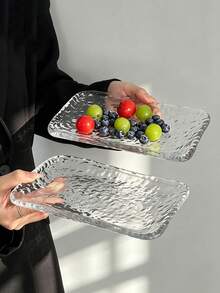 1pc Rectangular Transparent Glass Plate, All-Over Asymmetrical Ice Hammer Texture, Clear And Textured. Can Hold Fruit, Desserts, Snacks, Suitable For Afternoon Tea Display, Also Can Be Used As Storage Tray, Ins Minimalist Home Style - Transparent - View 9
