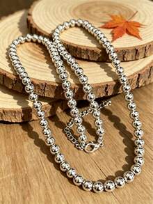8mm Smooth Silver Ball Chain Necklace, Suitable For Women Fashion Wedding Jewelry, 40-75cm - Silver - View 1