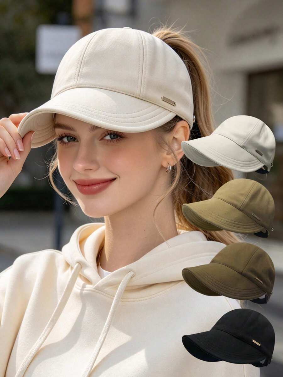 قطعة واحدة قبعة بيسبول جديدة بتصميم شبه مفتوح من الأعلى من الصوف اللبدي، قبعة نسائية متعددة الاستخدامات بأسلوب كاجوال على طراز الصياد مع حافة عريضة وحزام قابل للتعديل - قبعة ذيل الحصان من الصوف - مشاهدة 1