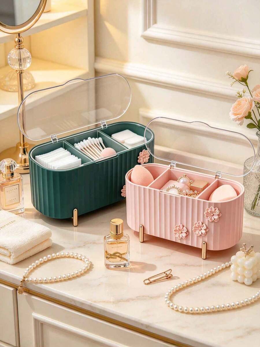 Cute Flower Decor 3-Compartment Cotton Pad Storage Box, Transparent Lid Dust-Proof Desktop Organizer, Suitable For Cotton Pads, Cotton Swabs, Makeup Sponges, Small Cosmetic Accessories Storage Box For Vanity And Bathroom - Multicolor - View 1